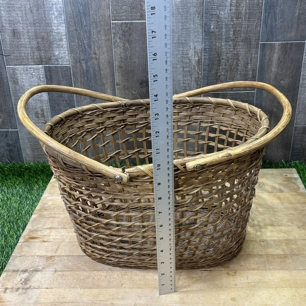 Vintage Wicker Market Basket Double Handles Rustic Farmhouse Decor Large